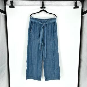 Lilla P Chambray Wide Leg Ankle Pant with Tie Belt - Size L - Resort